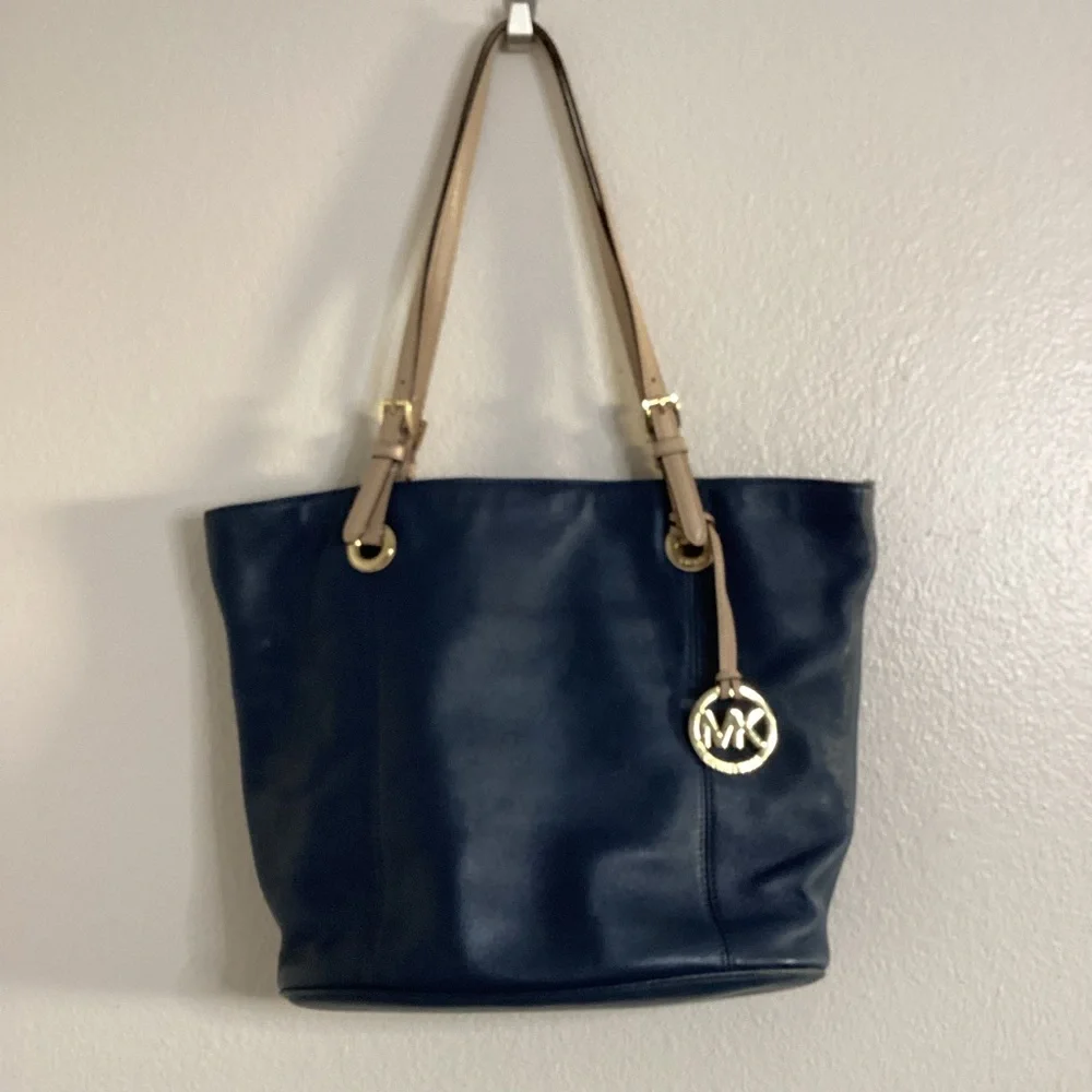 Michael Kors Navy Leather Tote with Tan Straps and Gold Charm - Picture 1 of 11